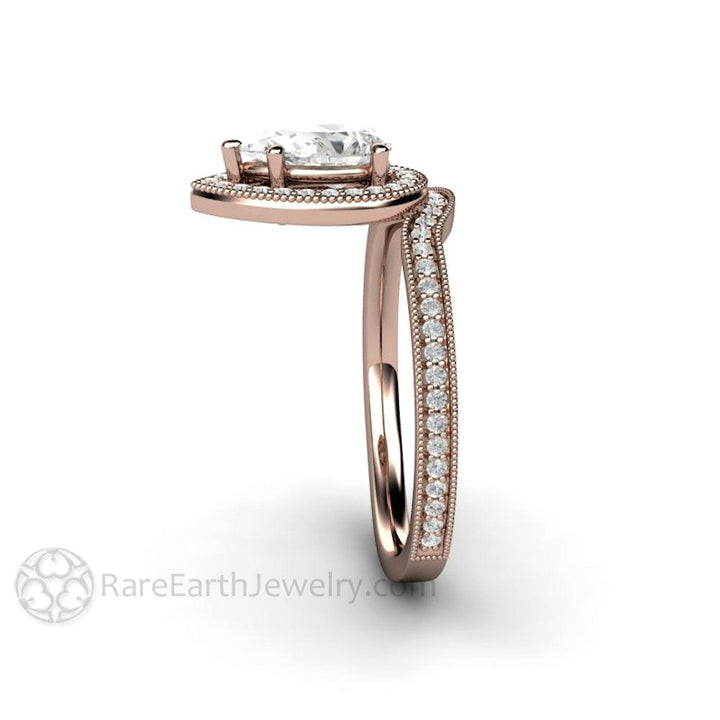 Pear Shaped Engagement Ring Inverted Pear Moissanite Upside Down Halo, Rare Earth Jewelry