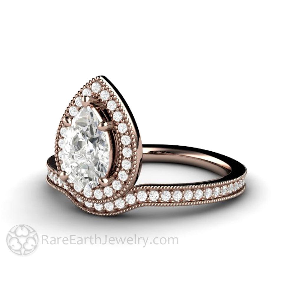 Pear Shaped Engagement Ring Inverted Pear Moissanite Upside Down Halo, Rare Earth Jewelry