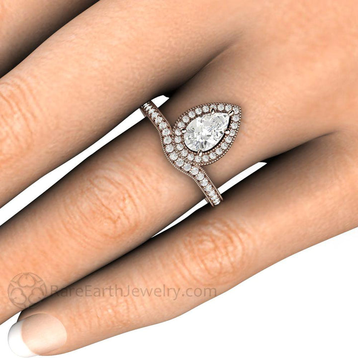 Pear Shaped Engagement Ring Inverted Pear Moissanite Upside Down Halo, Rare Earth Jewelry