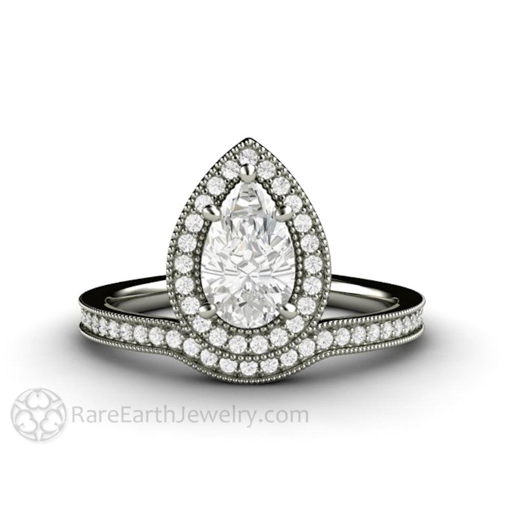 Pear Shaped Engagement Ring Inverted Pear Moissanite Upside Down Halo, Rare Earth Jewelry
