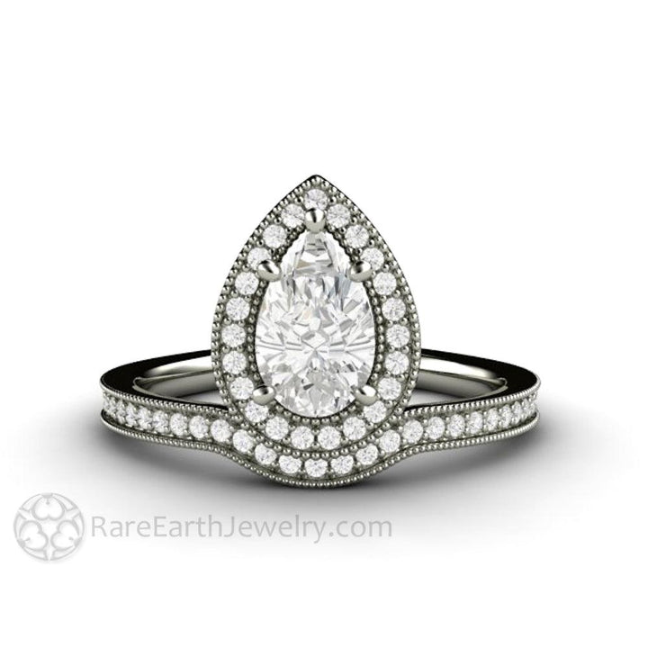 Pear Shaped Engagement Ring Inverted Pear Moissanite Upside Down Halo, Rare Earth Jewelry