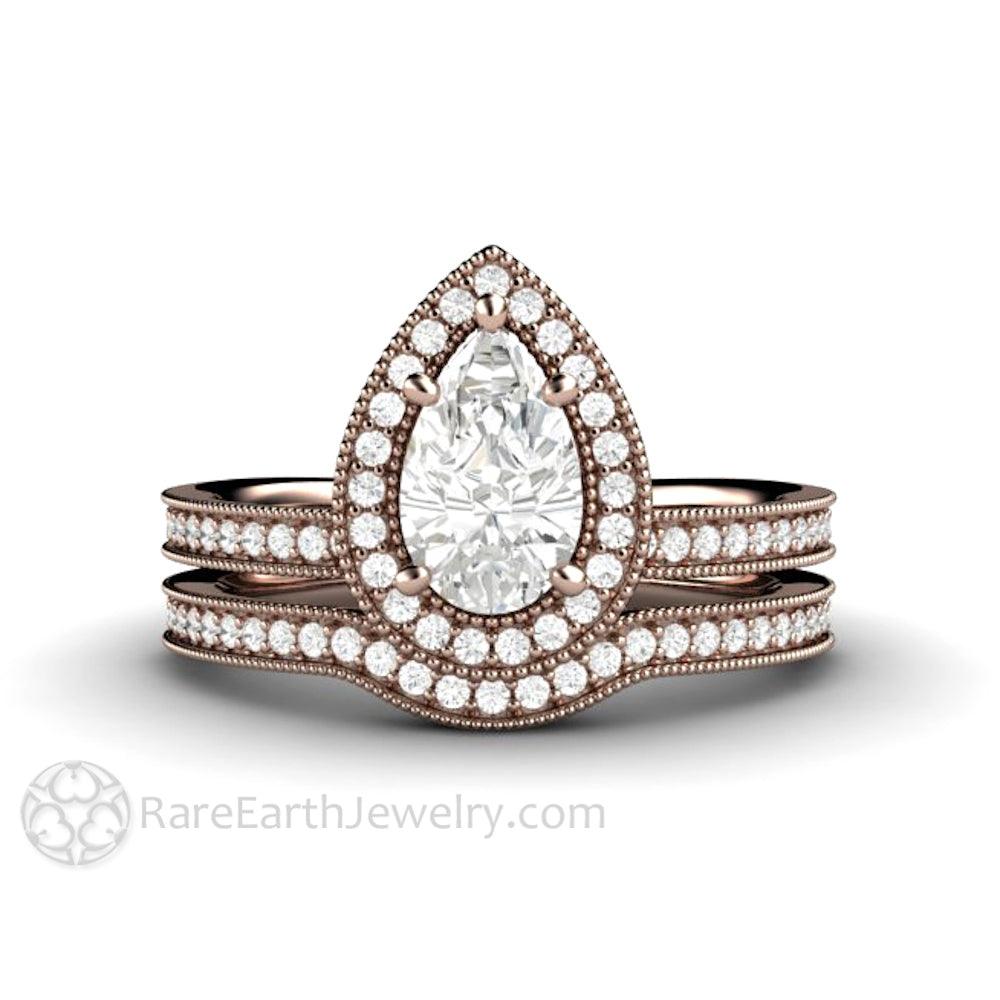 Pear Shaped Engagement Ring Inverted Pear Moissanite Upside Down Halo, Rare Earth Jewelry