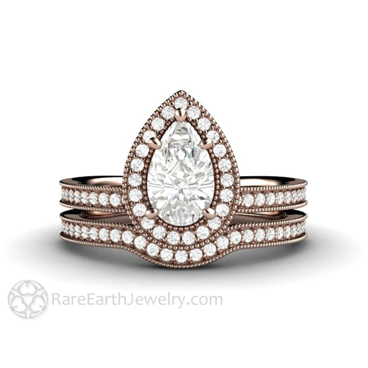 Pear Shaped Engagement Ring Inverted Pear Moissanite Upside Down Halo, Rare Earth Jewelry