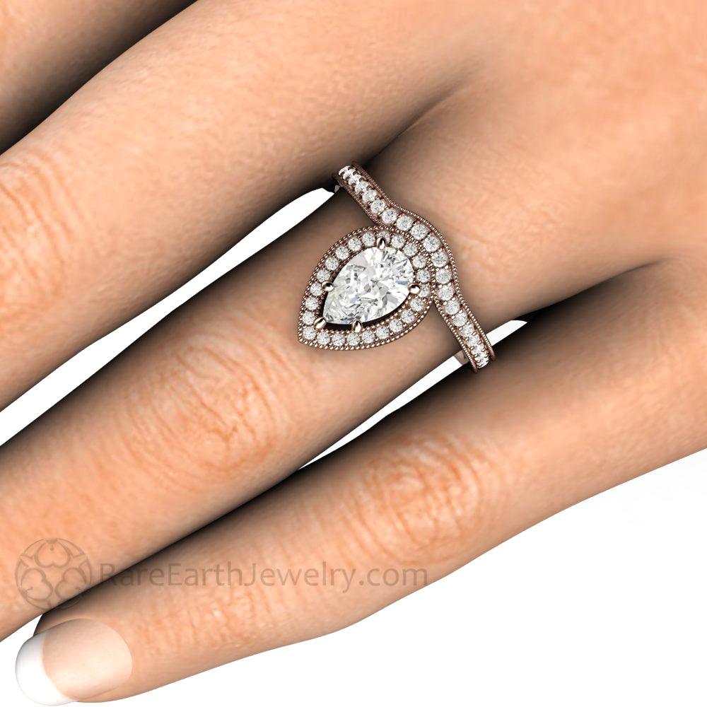 Pear Shaped Engagement Ring Inverted Pear Moissanite Upside Down Halo, Rare Earth Jewelry