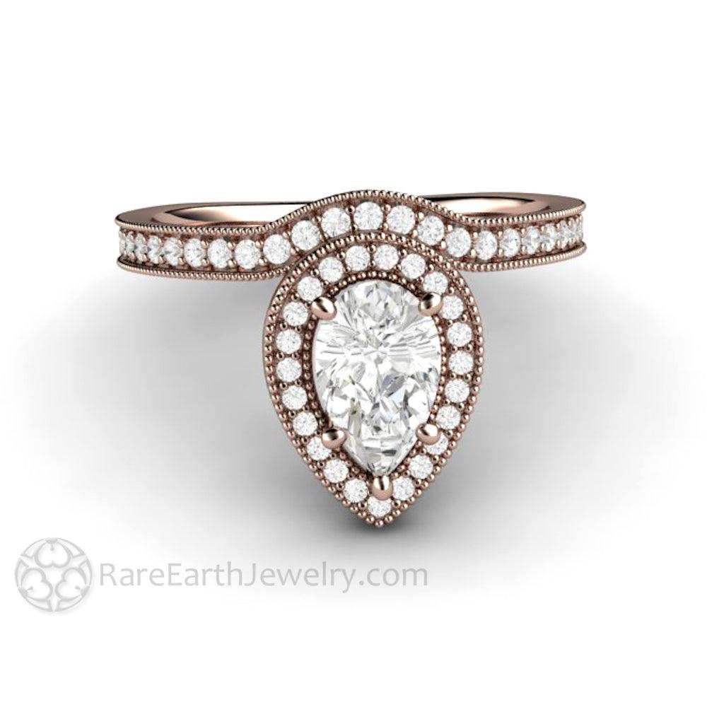 Pear Shaped Engagement Ring Inverted Pear Moissanite Upside Down Halo, Rare Earth Jewelry