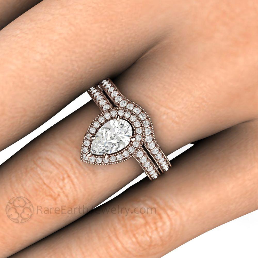 Pear Shaped Engagement Ring Inverted Pear Moissanite Upside Down Halo, Rare Earth Jewelry