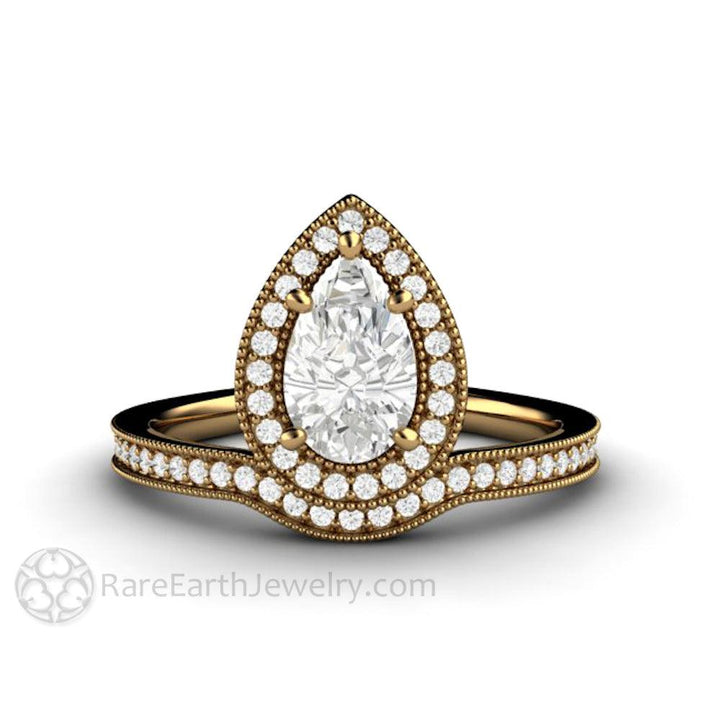 Pear Shaped Engagement Ring Inverted Pear Moissanite Upside Down Halo, Rare Earth Jewelry