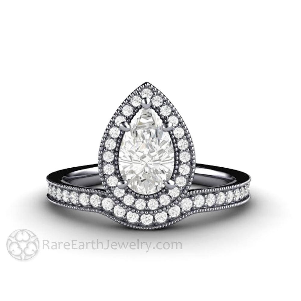 Pear Shaped Engagement Ring Inverted Pear Moissanite Upside Down Halo, Rare Earth Jewelry