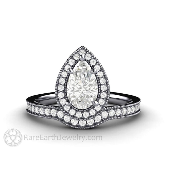 Pear Shaped Engagement Ring Inverted Pear Moissanite Upside Down Halo, Rare Earth Jewelry