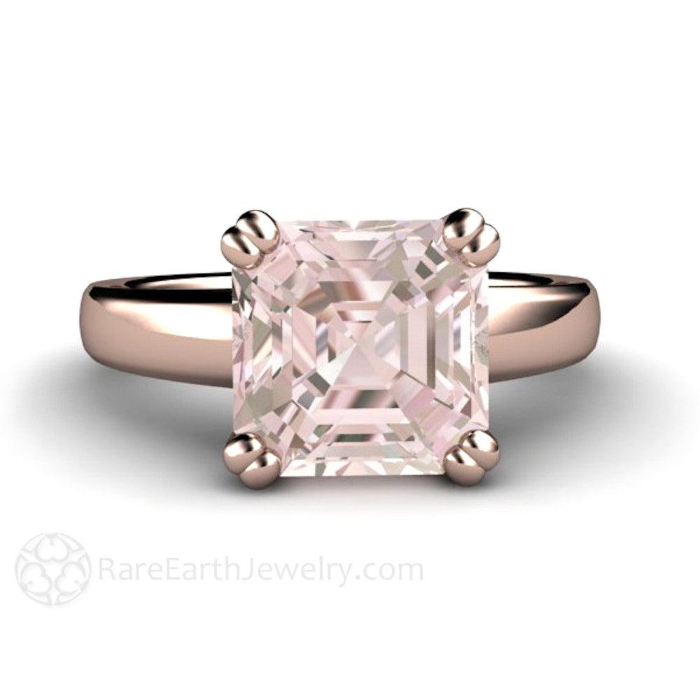 Large Asscher Cut Morganite Engagement Ring Solitaire with Double Prongs, Rare Earth Jewelry