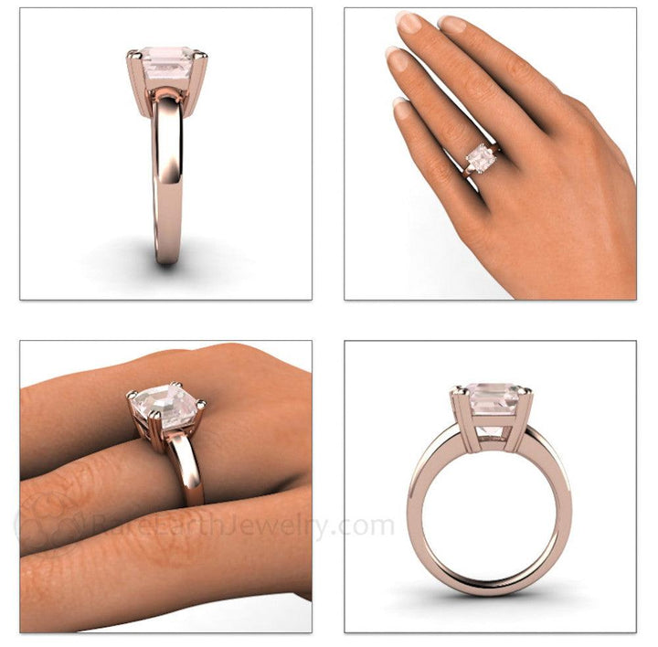 Large Asscher Cut Morganite Engagement Ring Solitaire with Double Prongs, Rare Earth Jewelry