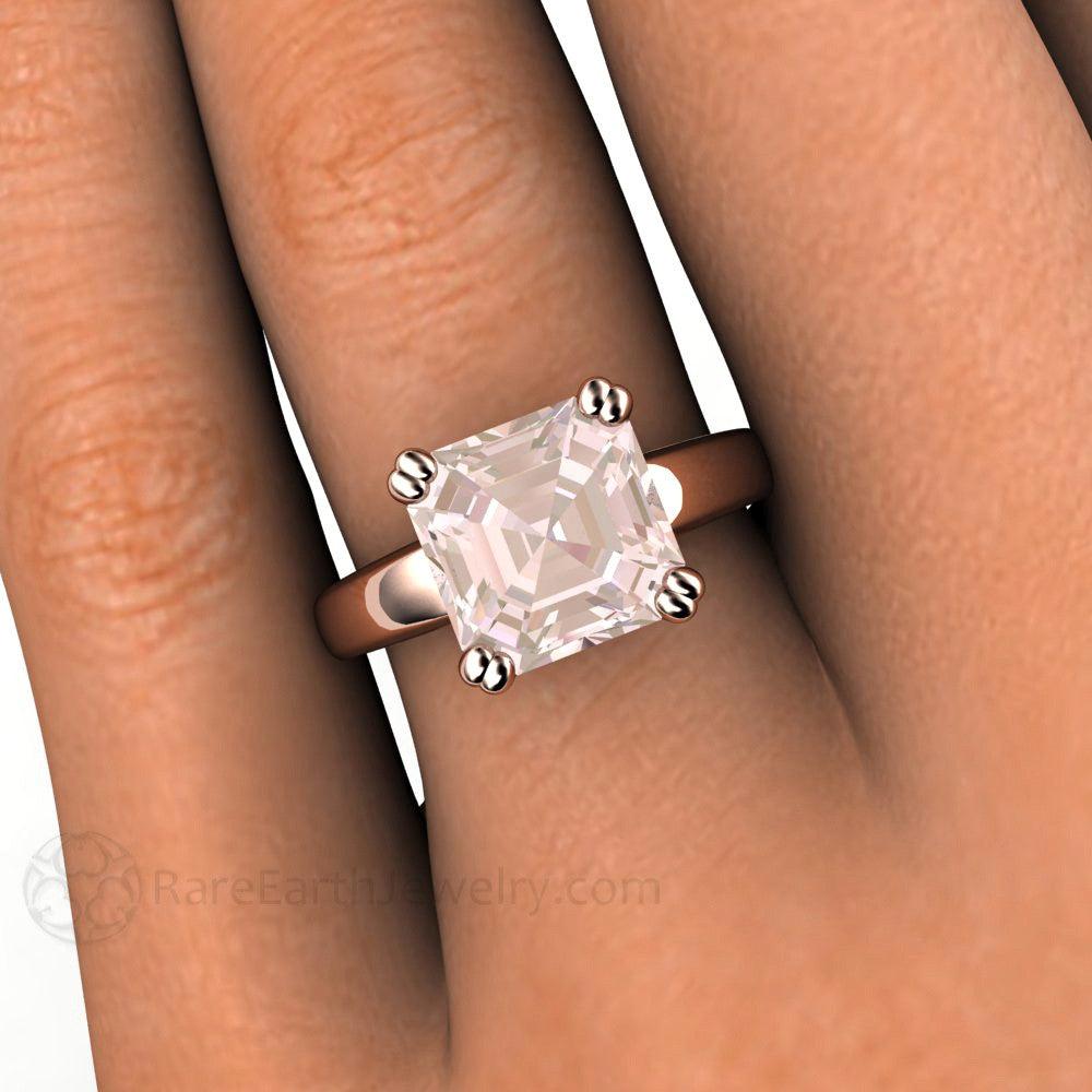 Large Asscher Cut Morganite Engagement Ring Solitaire with Double Prongs, Rare Earth Jewelry