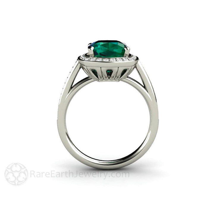 Large Cushion Cut Emerald Ring | Diamond Halo Statement Ring in Gold or Platinum, Rare Earth Jewelry
