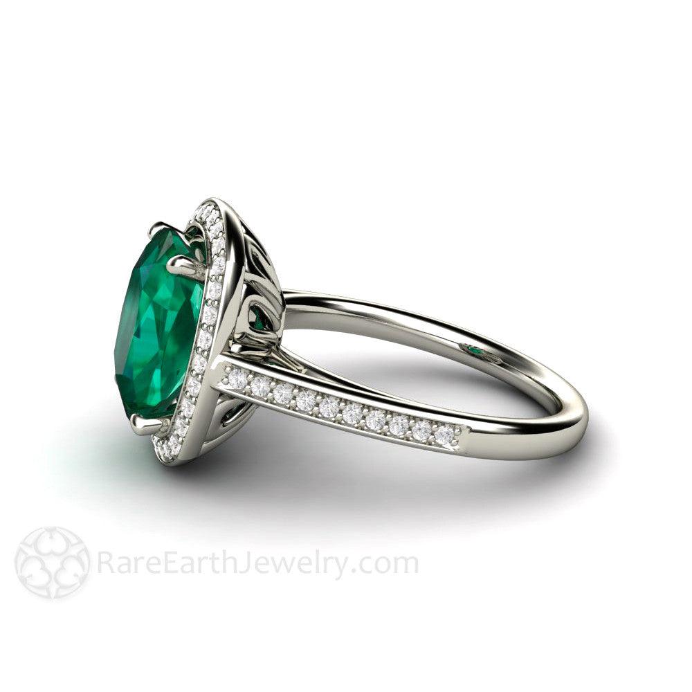 Large Cushion Cut Emerald Ring | Diamond Halo Statement Ring in Gold or Platinum, Rare Earth Jewelry