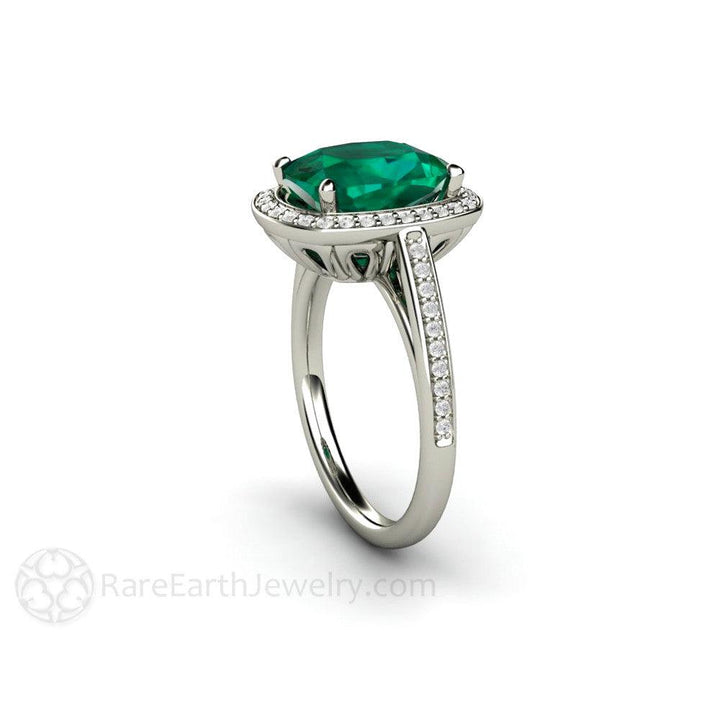 Large Cushion Cut Emerald Ring | Diamond Halo Statement Ring in Gold or Platinum, Rare Earth Jewelry