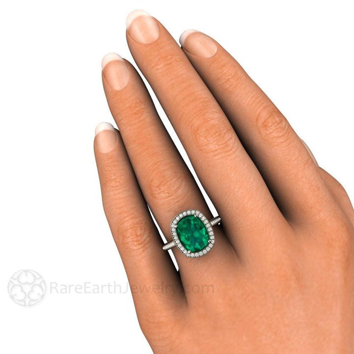 Large Cushion Cut Emerald Ring | Diamond Halo Statement Ring in Gold or Platinum, Rare Earth Jewelry