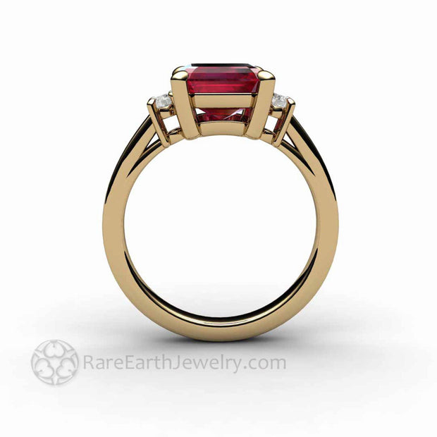 Large Emerald Cut Ruby Ring 3 Stone Design with Diamonds 14K Yellow Gold - Rare Earth Jewelry