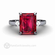 Large Emerald Cut Ruby Ring 3 Stone Design with Diamonds Platinum - Rare Earth Jewelry