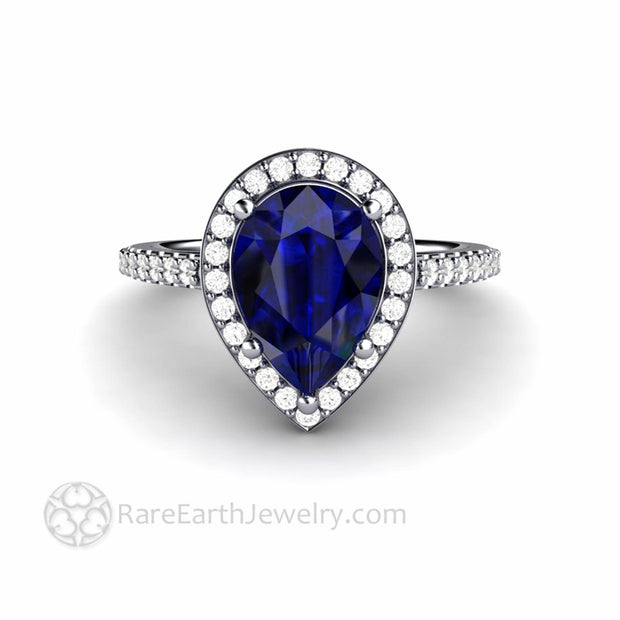 Large Pear Cut Blue Sapphire Engagement Ring Pave Diamond Halo Platinum - Engagement Only - Rare Earth Jewelry