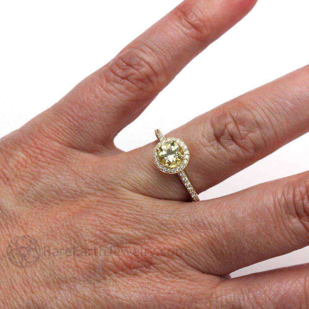 Lemon Citrine Engagement Ring with Diamond Halo Yellow Gemstone, Rare Earth Jewelry