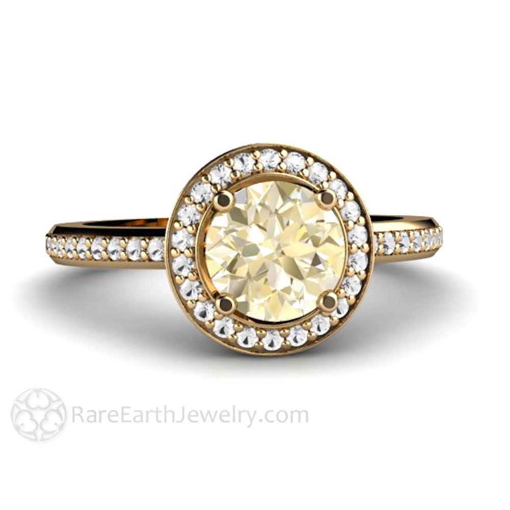 Lemon Citrine Engagement Ring with Diamond Halo Yellow Gemstone, Rare Earth Jewelry