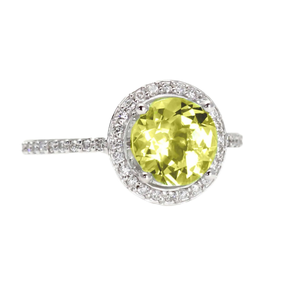 Round Natural Lemon Quartz Ring with Diamond Halo, Lemon Topaz Ring, 14K or 18K Gold | Rare Earth Jewelry