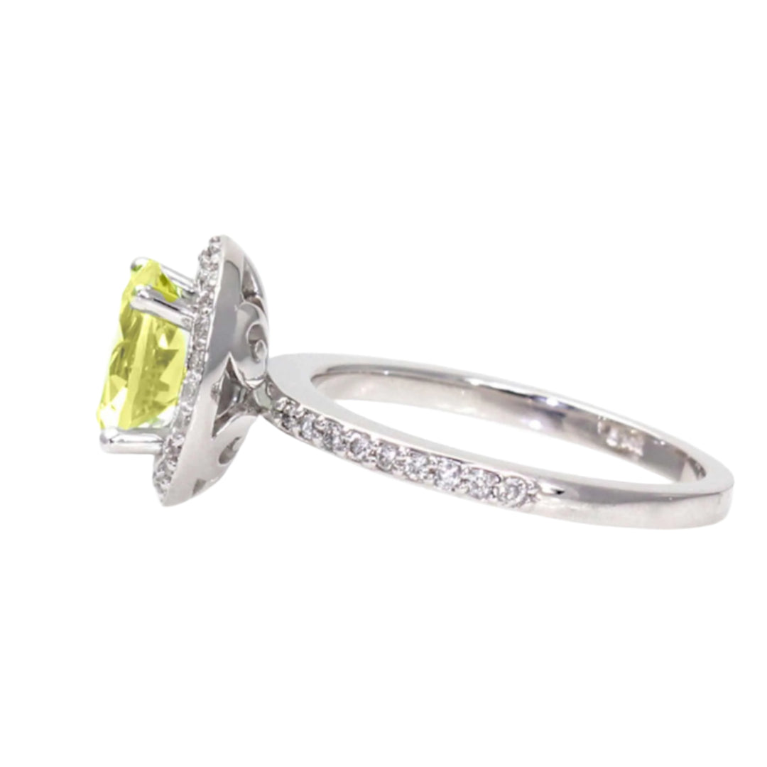 Side View Round Natural Lemon Quartz Ring with Diamond Halo, Rare Earth Jewelry