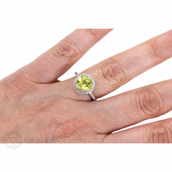 Round Natural Lemon Quartz Ring with Diamond Halo shown on the Hand | Rare Earth Jewelry