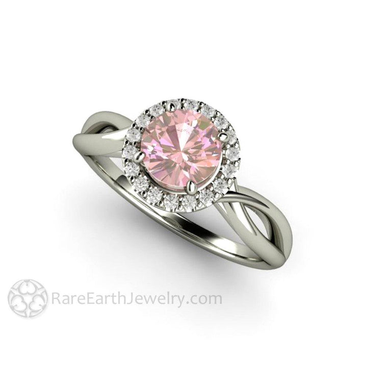 Light Pink Sapphire Engagement Ring | Diamond Halo with Infinity Split Shank, Rare Earth Jewelry