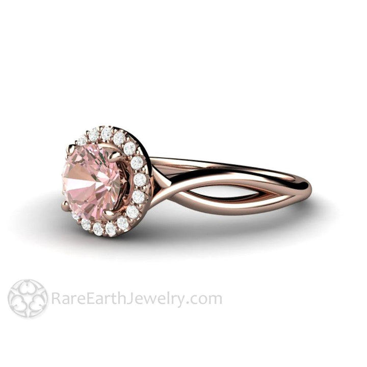 Light Pink Sapphire Engagement Ring | Diamond Halo with Infinity Split Shank, Rare Earth Jewelry
