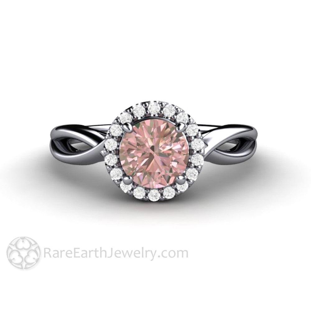 Light Pink Sapphire Engagement Ring | Diamond Halo with Infinity Split Shank, Rare Earth Jewelry