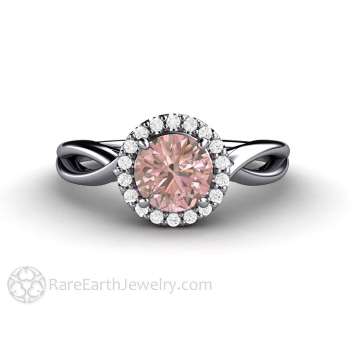 Light Pink Sapphire Engagement Ring | Diamond Halo with Infinity Split Shank, Rare Earth Jewelry