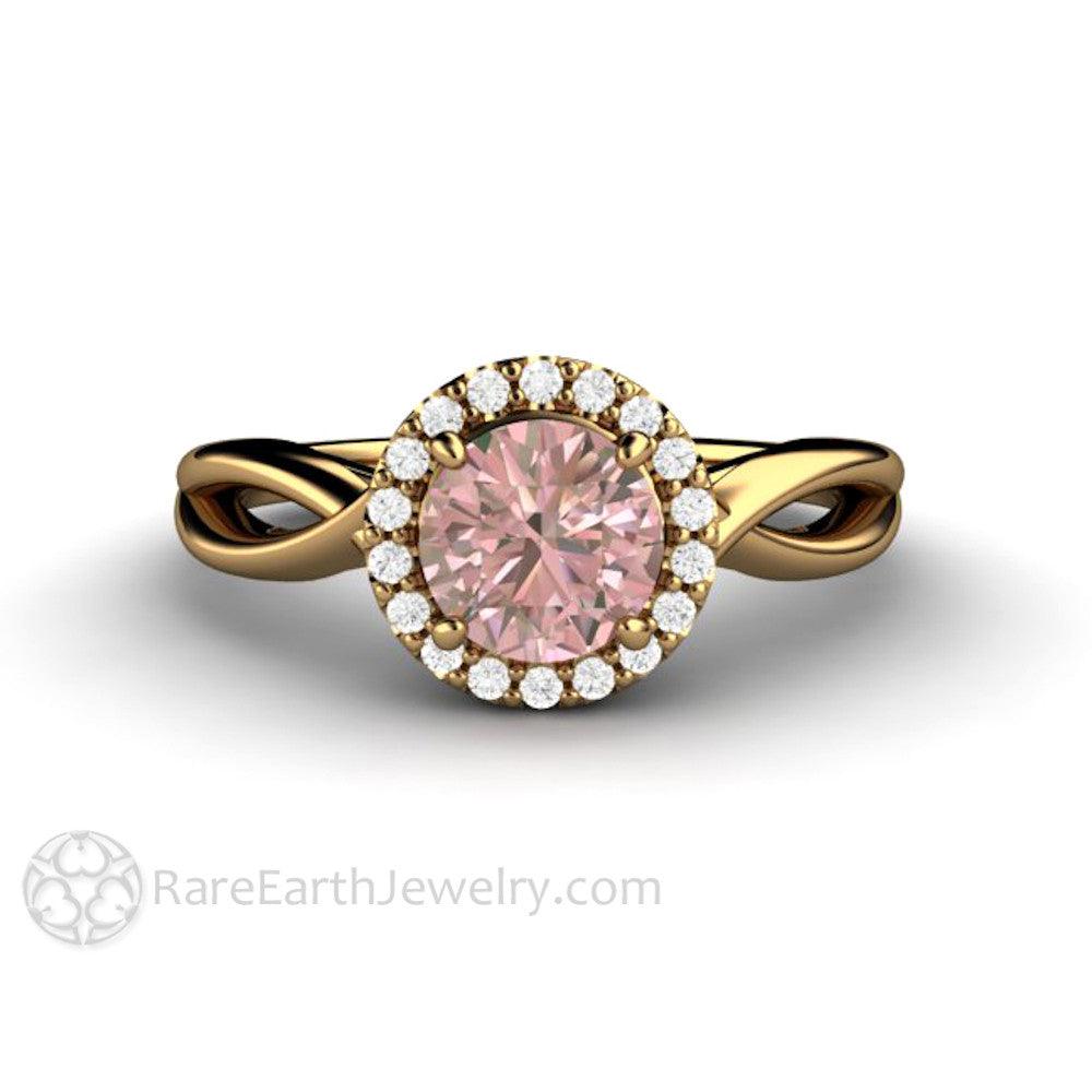 Light Pink Sapphire Engagement Ring | Diamond Halo with Infinity Split Shank, Rare Earth Jewelry
