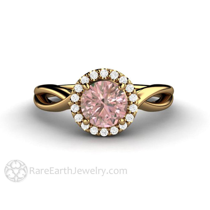 Light Pink Sapphire Engagement Ring | Diamond Halo with Infinity Split Shank, Rare Earth Jewelry