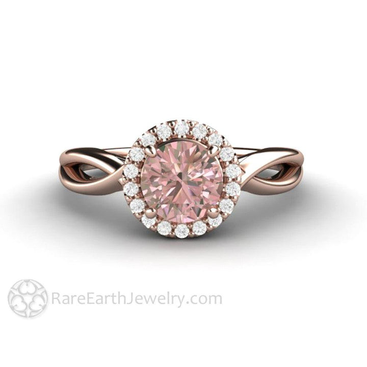 Light Pink Sapphire Engagement Ring | Diamond Halo with Infinity Split Shank, Rare Earth Jewelry