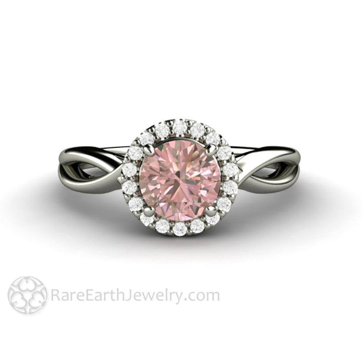Light Pink Sapphire Engagement Ring | Diamond Halo with Infinity Split Shank, Rare Earth Jewelry