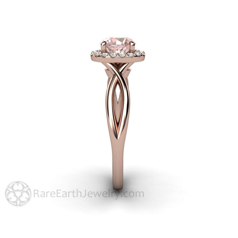 Light Pink Sapphire Engagement Ring | Diamond Halo with Infinity Split Shank, Rare Earth Jewelry