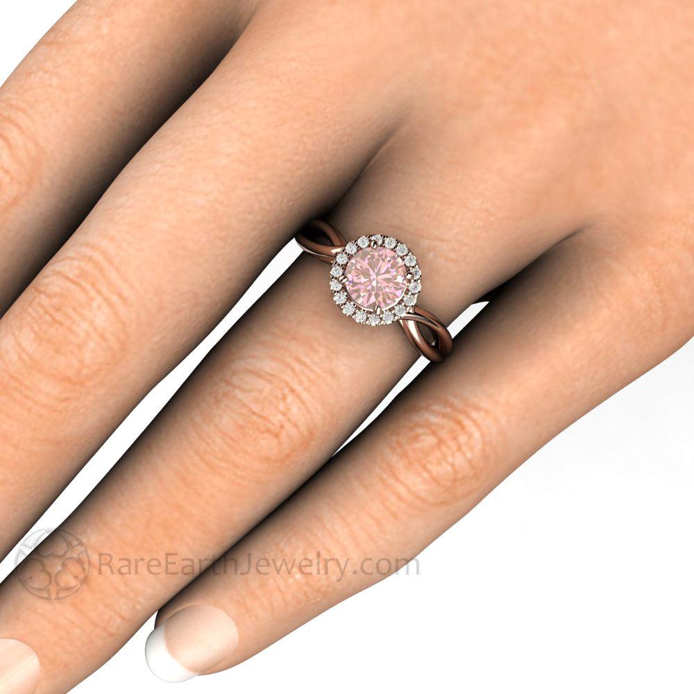 Light Pink Sapphire Engagement Ring | Diamond Halo with Infinity Split Shank, Rare Earth Jewelry