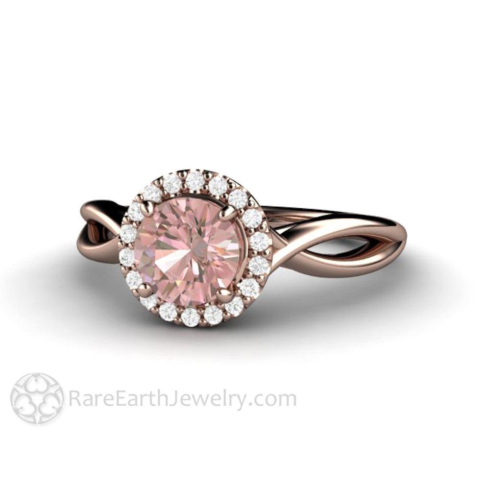 Light Pink Sapphire Engagement Ring | Diamond Halo with Infinity Split Shank, Rare Earth Jewelry