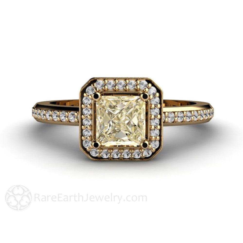 Light Yellow Sapphire Engagement Ring | Princess Cut with Diamond Halo, Rare Earth Jewelry