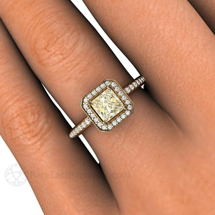 Light Yellow Sapphire Engagement Ring | Princess Cut with Diamond Halo, Rare Earth Jewelry