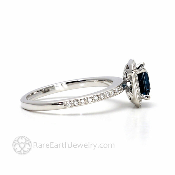 London Blue Topaz Princess Cut Engagement Ring | Square Halo with Diamond Wedding Band, Rare Earth Jewelry