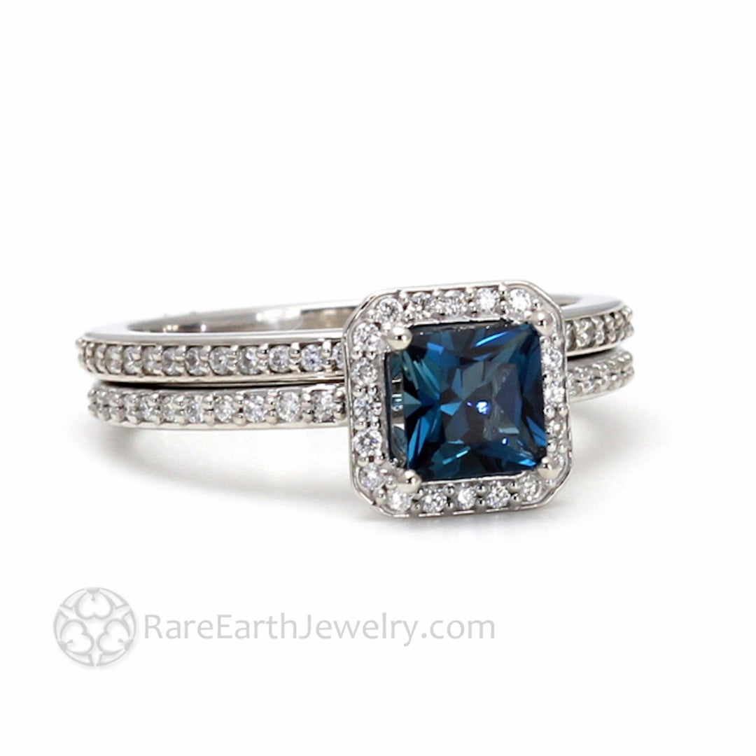 London Blue Topaz Princess Cut Engagement Ring | Square Halo with Diamond Wedding Band, Rare Earth Jewelry