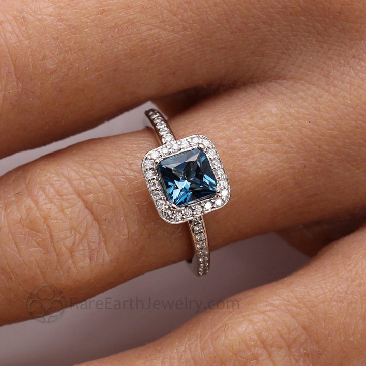 London Blue Topaz Princess Cut Engagement Ring | Square Halo with Diamond Wedding Band, Rare Earth Jewelry