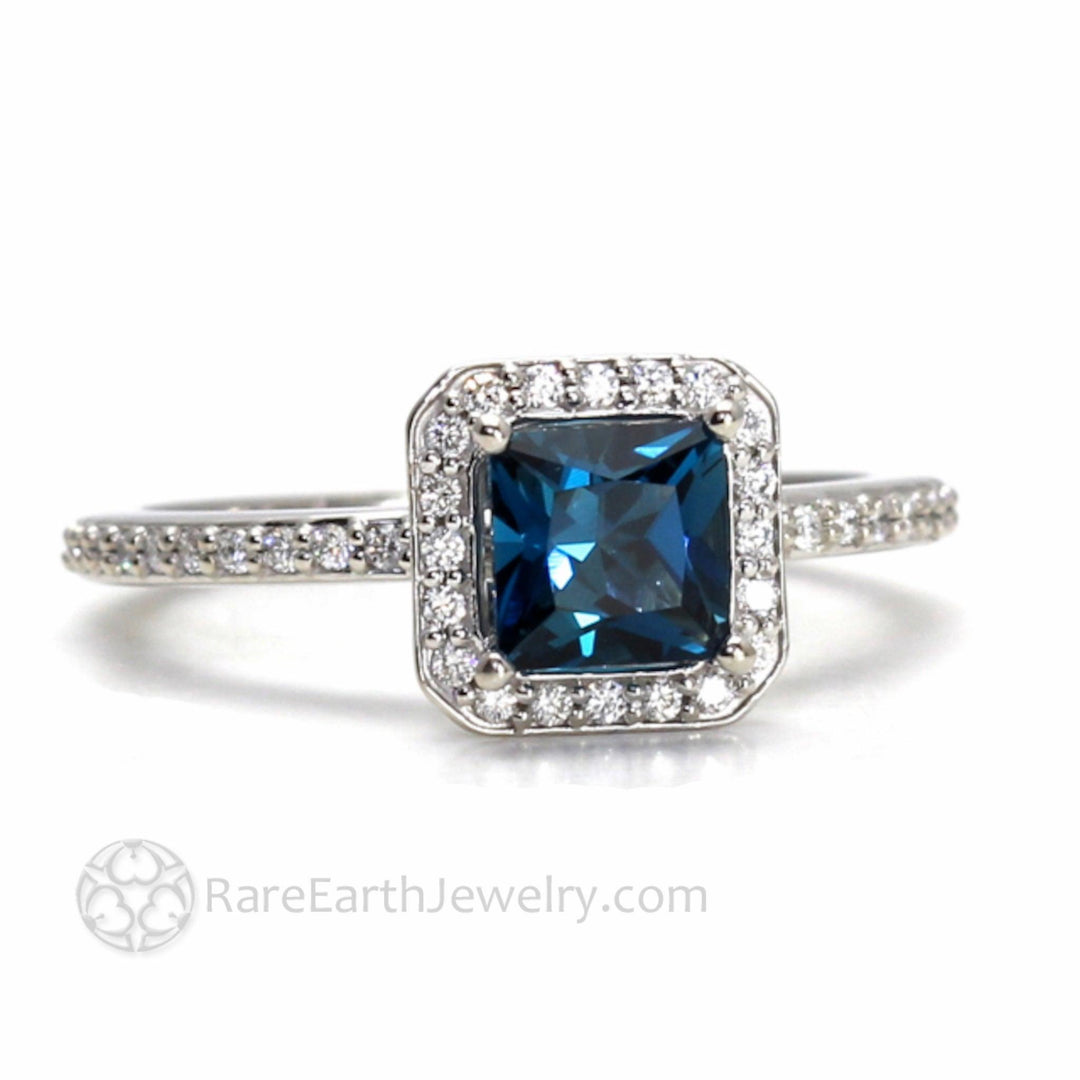 London Blue Topaz Princess Cut Engagement Ring | Square Halo with Diamond Wedding Band, Rare Earth Jewelry