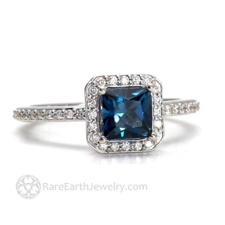 London Blue Topaz Princess Cut Engagement Ring | Square Halo with Diamond Wedding Band, Rare Earth Jewelry
