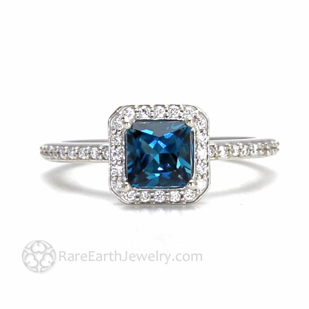 London Blue Topaz Princess Cut Engagement Ring | Square Halo with Diamond Wedding Band, Rare Earth Jewelry