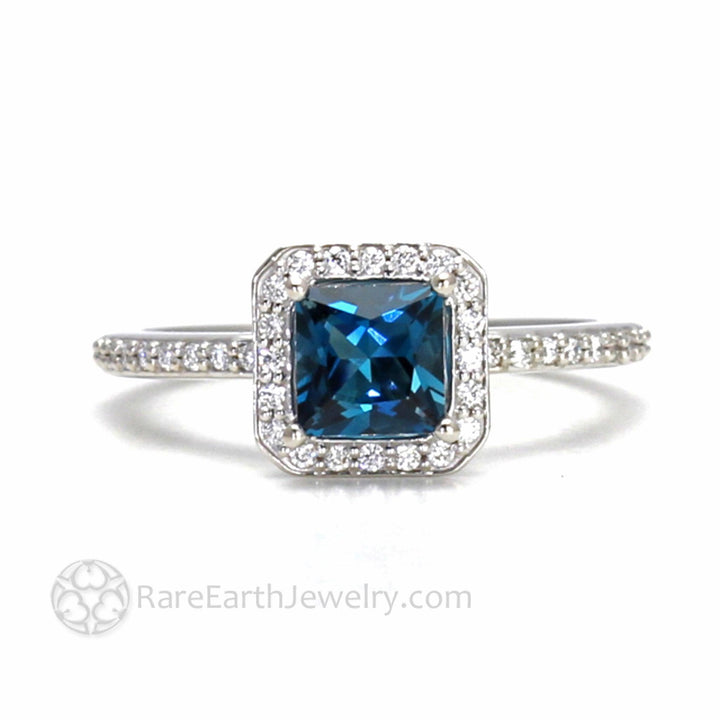 London Blue Topaz Princess Cut Engagement Ring | Square Halo with Diamond Wedding Band, Rare Earth Jewelry