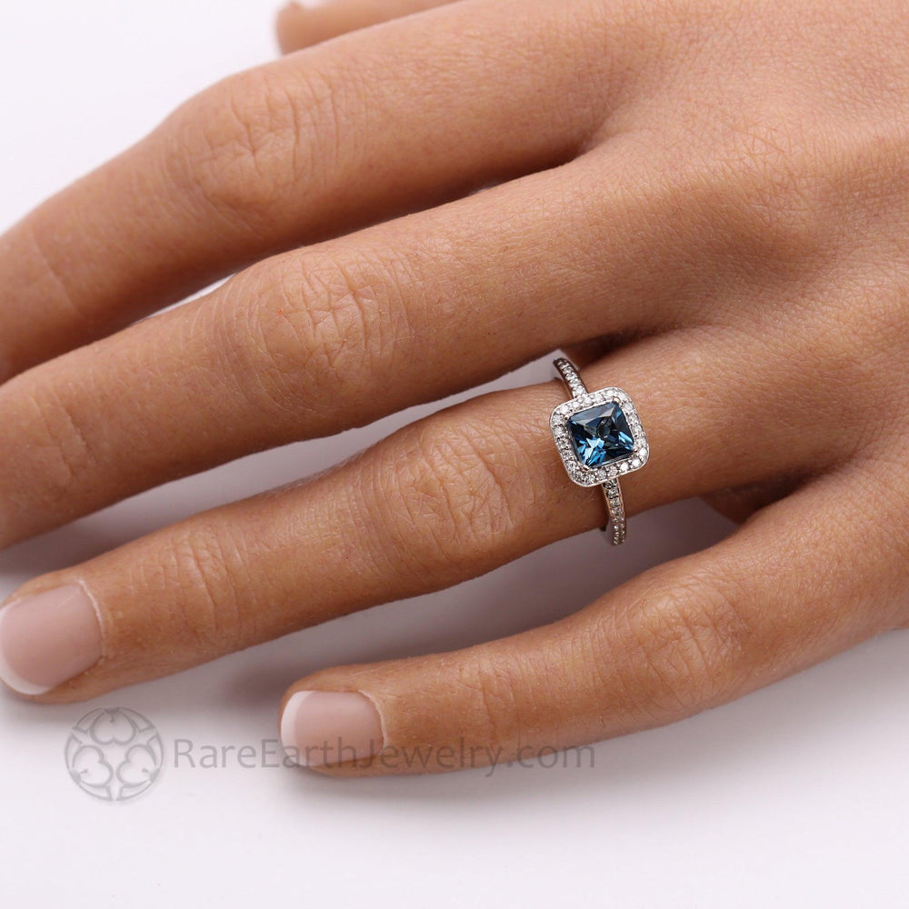 London Blue Topaz Princess Cut Engagement Ring | Square Halo with Diamond Wedding Band, Rare Earth Jewelry