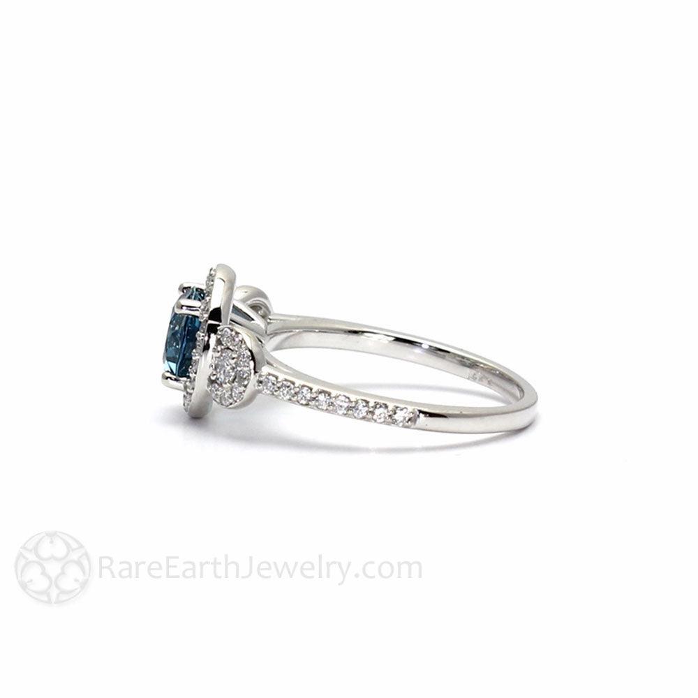 London Blue Topaz Engagement Ring | 3 Stone Halo with Diamonds | December Birthstone, Rare Earth Jewelry